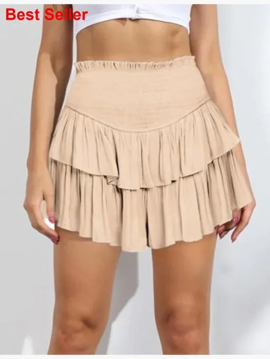 Ruffle Mini Skirt Smocked Waist A Line Flowy Tiered Casual - Picture 2 of 6